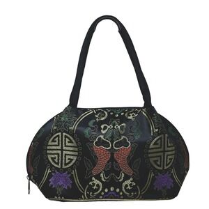 Vintage Black Satin Embroidered Asian Motif Top Handle Bag Structured Purse Bag